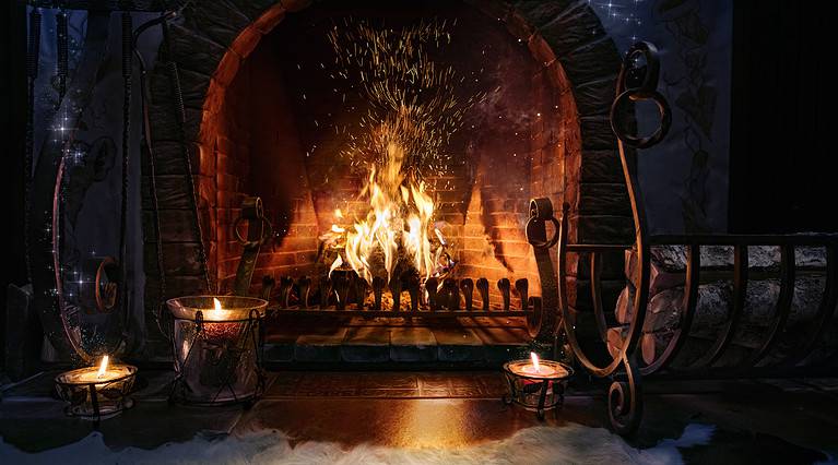 Romantic backgrounds. Magic burning fireplace.