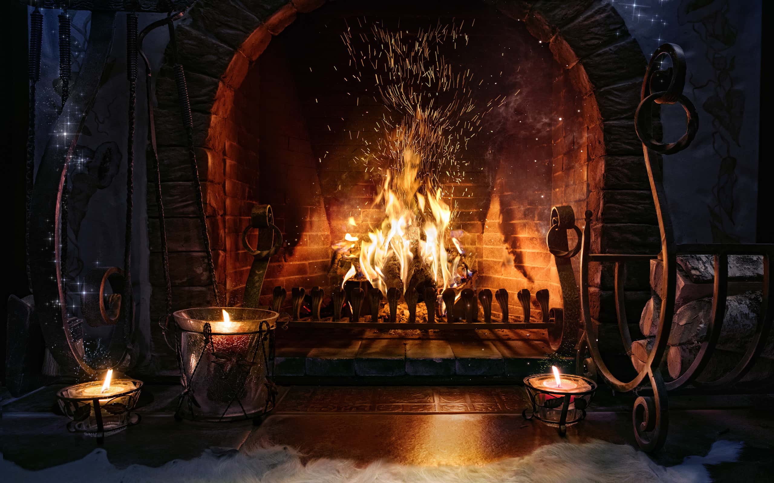 Romantic backgrounds. Magic burning fireplace.