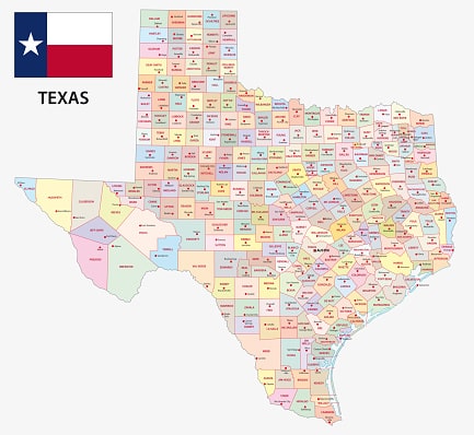 texas administrative map with flag