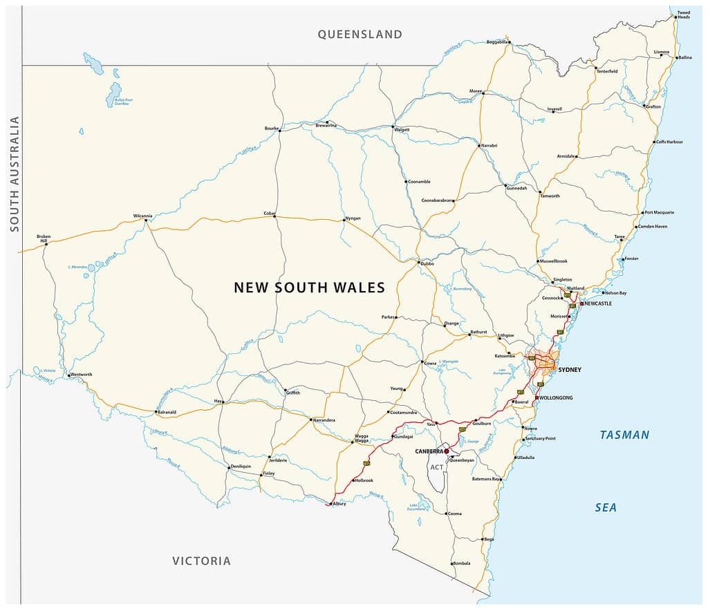 Road map of the Australian state New South Wales map
