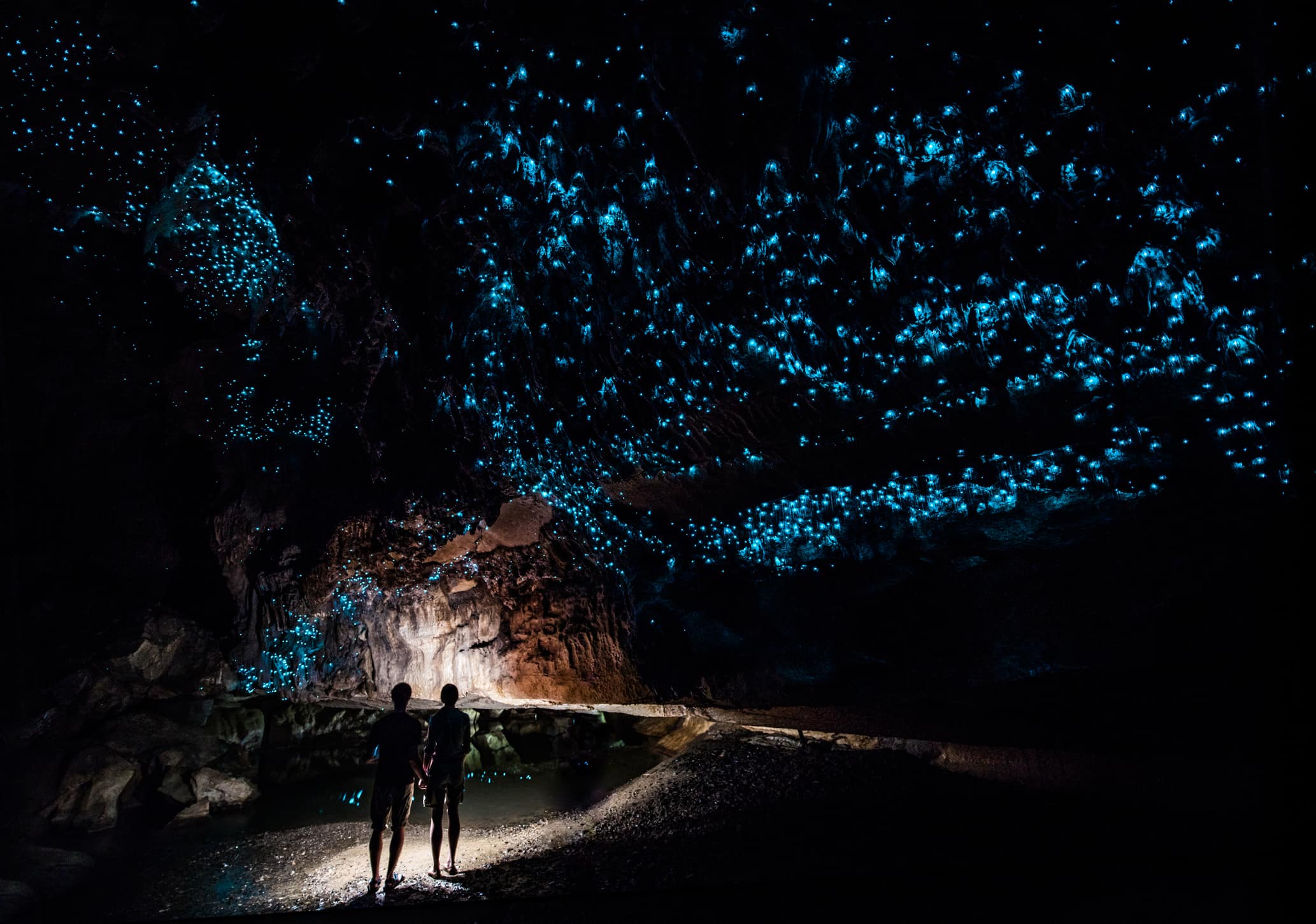 Couple standing underneath Glow Worm Sky in Waipu Cave, new Zealand