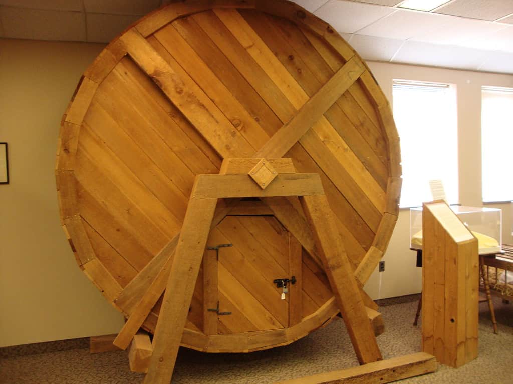 A giant hamster-like wooden treadmill on display at Glore Psychiatric Hospital in St. Joseph, MO