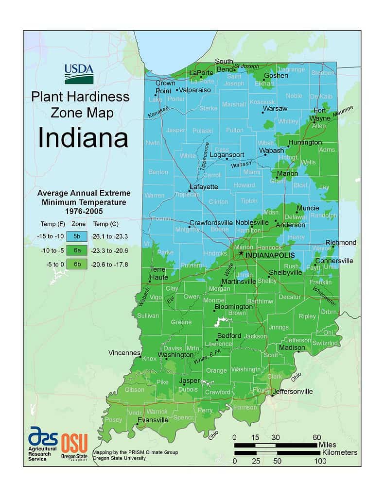 A map showing Indiana's USDA Hardiness Pllanting Zones