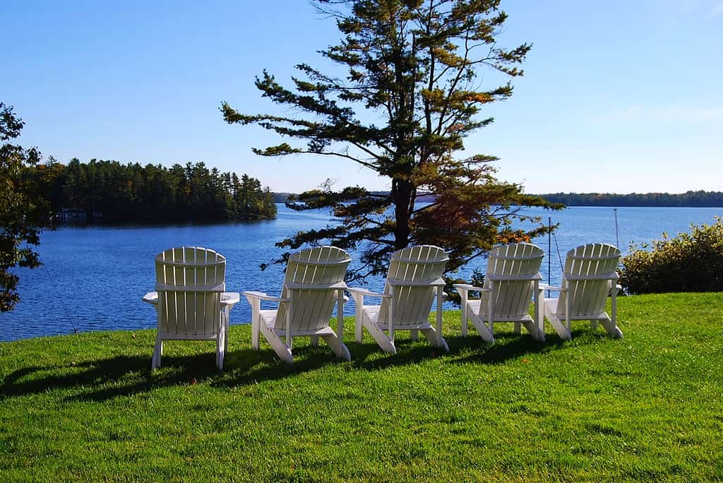 Lawn chairs overlooking Lake Rousseau, Ontario, Canada