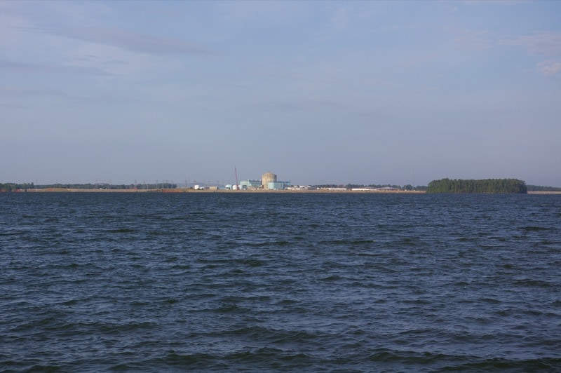 The Monticello Reservoir in Jenkinsville SC. The Virgil C. Summer Nuclear Generating Station can be seen on the far side of the lake.