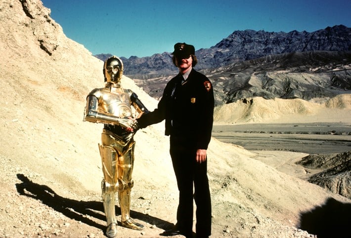 C-3PO shaking hands with National Park Service employee, Death Valley National Park