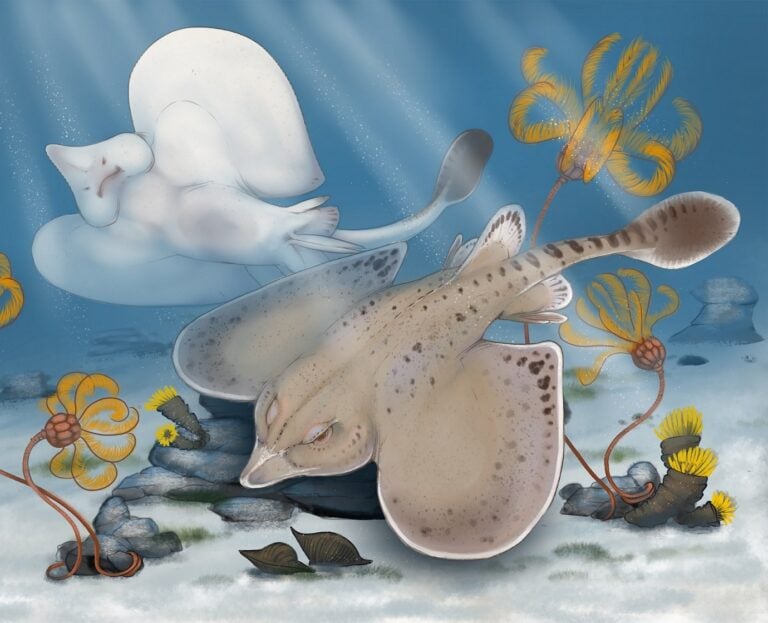 A drawing of a long flat brown spotted fish with a short beaklike nose and rounded wings glides over a rocky sea bottom while the same type of fish swims in the background.