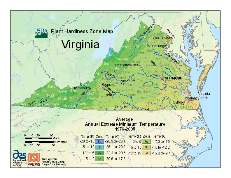 Virginia USDA Hardiness Map