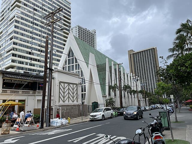 The exterior of St. Augustine Catholic Church by the Sea in Honolulu, Hawaii.