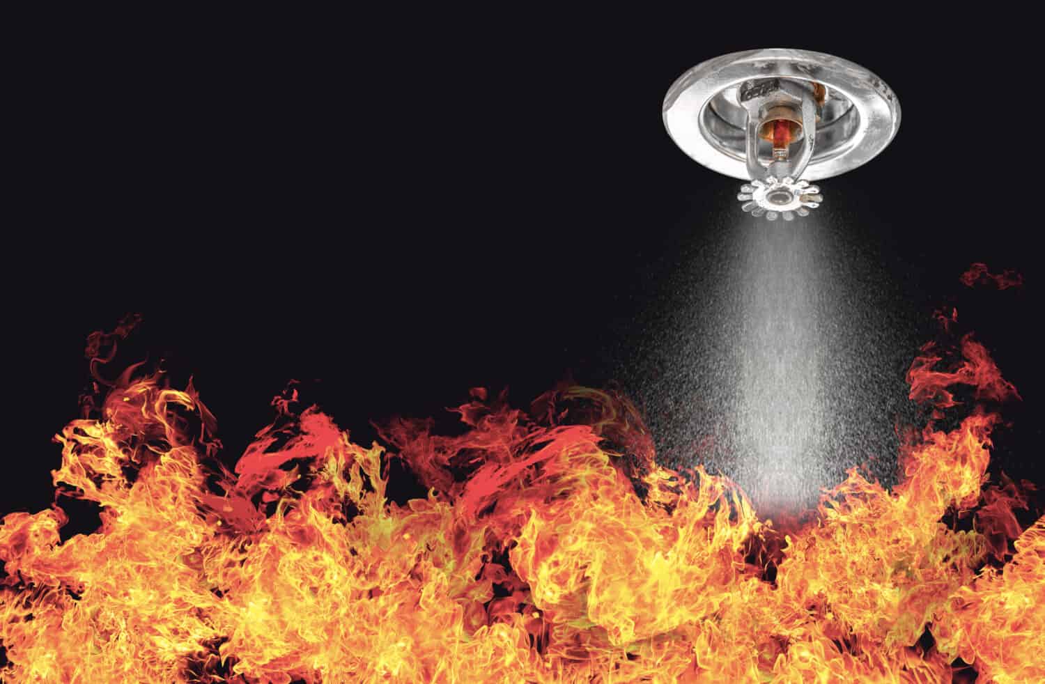 Image of Fire Sprinklers Spraying with fire background. Fire sprinklers are part of an overall safety protocol for fire and life safety.