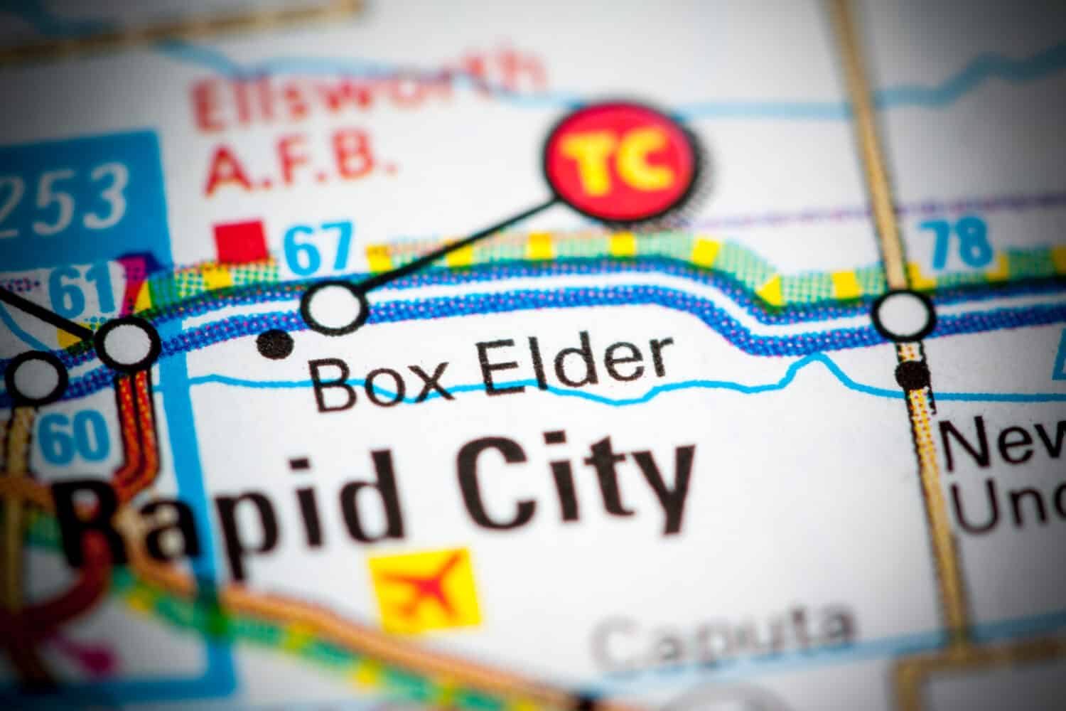 Box Elder. South Dakota. USA on a map.