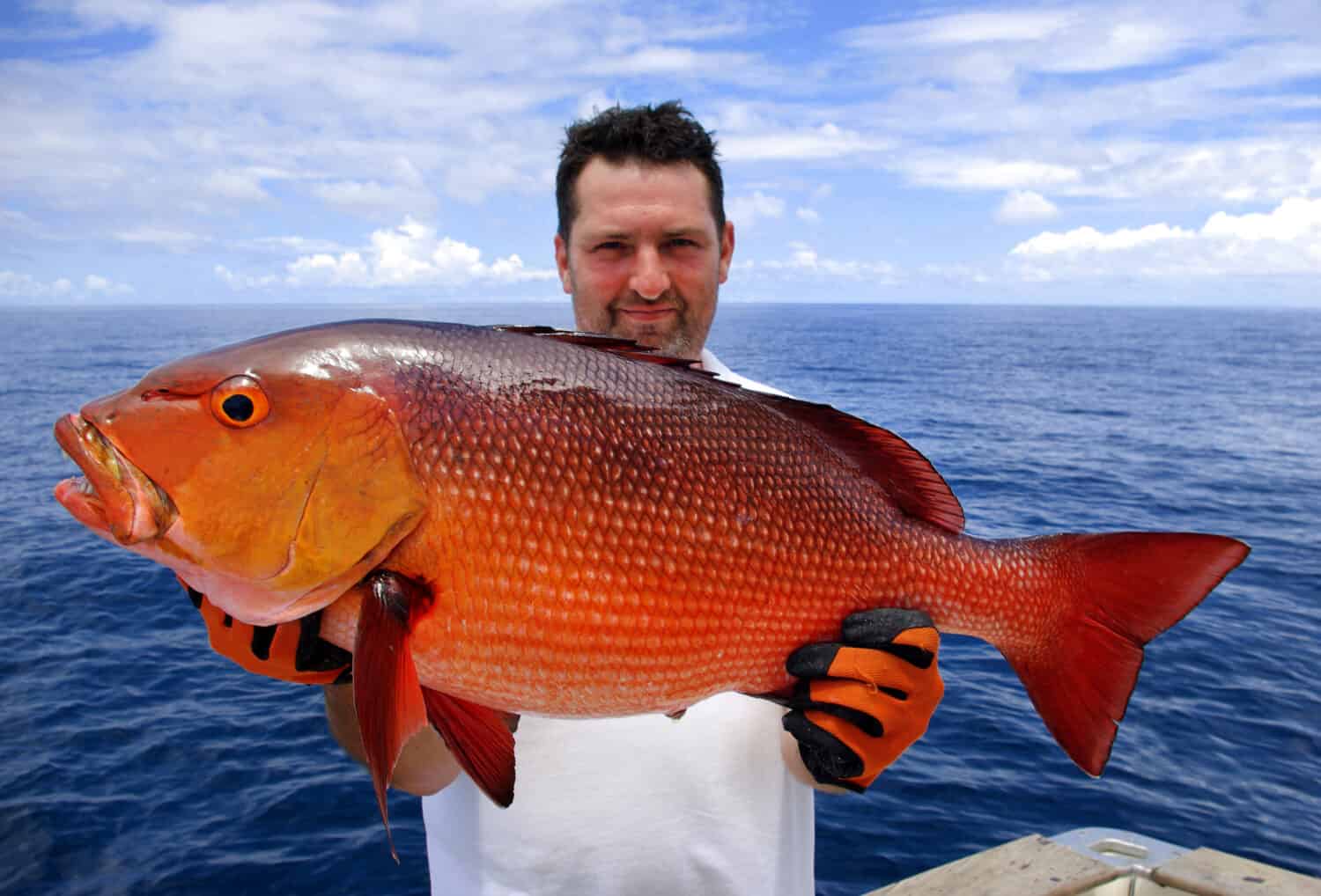 lucky  fisherman holding a beautiful red snapper