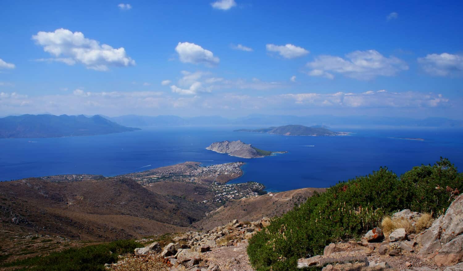 Hill top panoramic view of Aegina island, Greece.