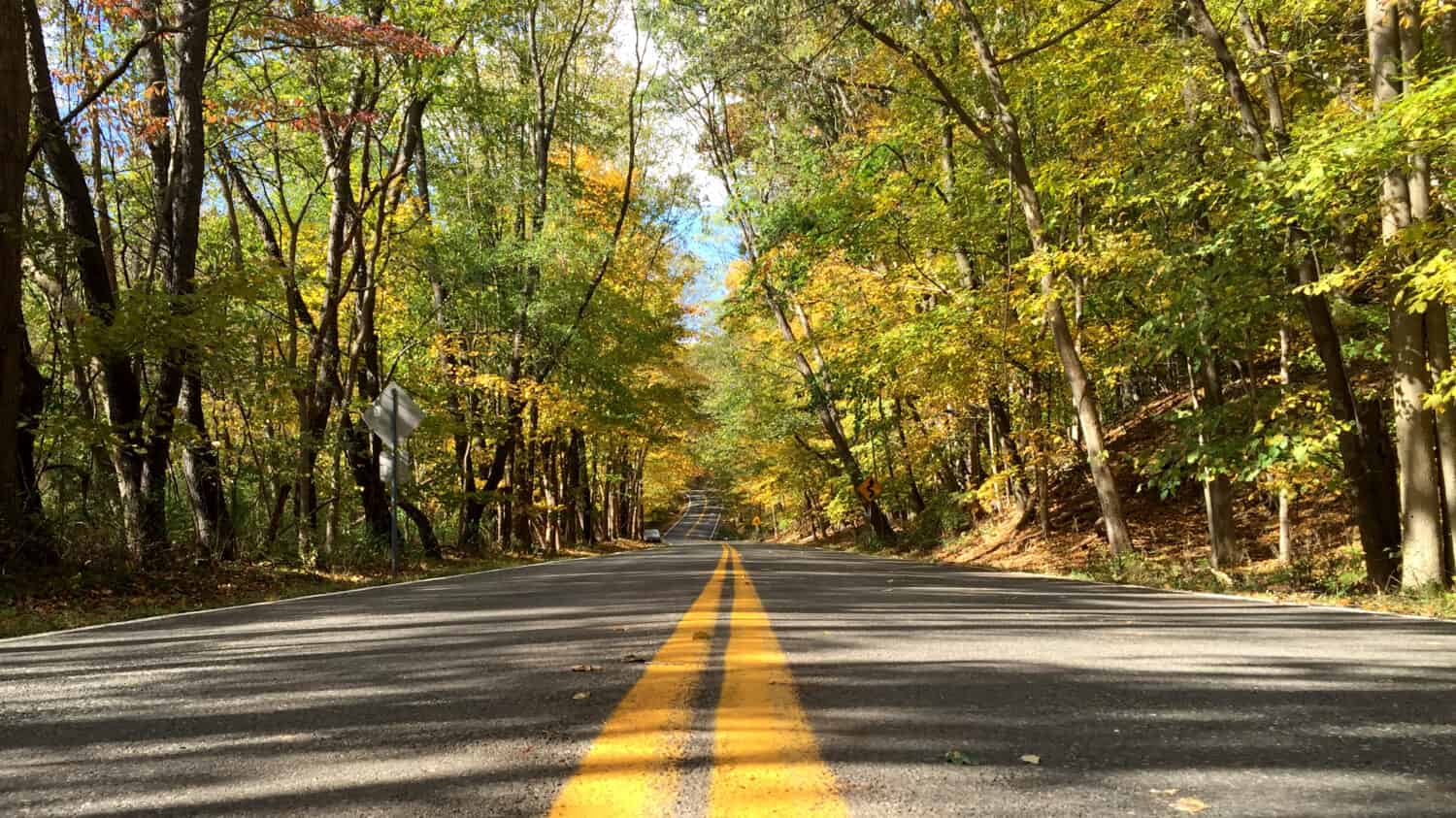 A two lane country road in Ohio during fall as leaves turn from green to yellow, orange and brown.