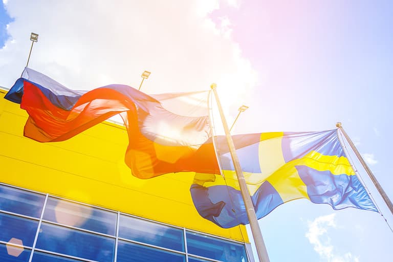 Flag of Russia and Sweden near the Ikea store in Moscow