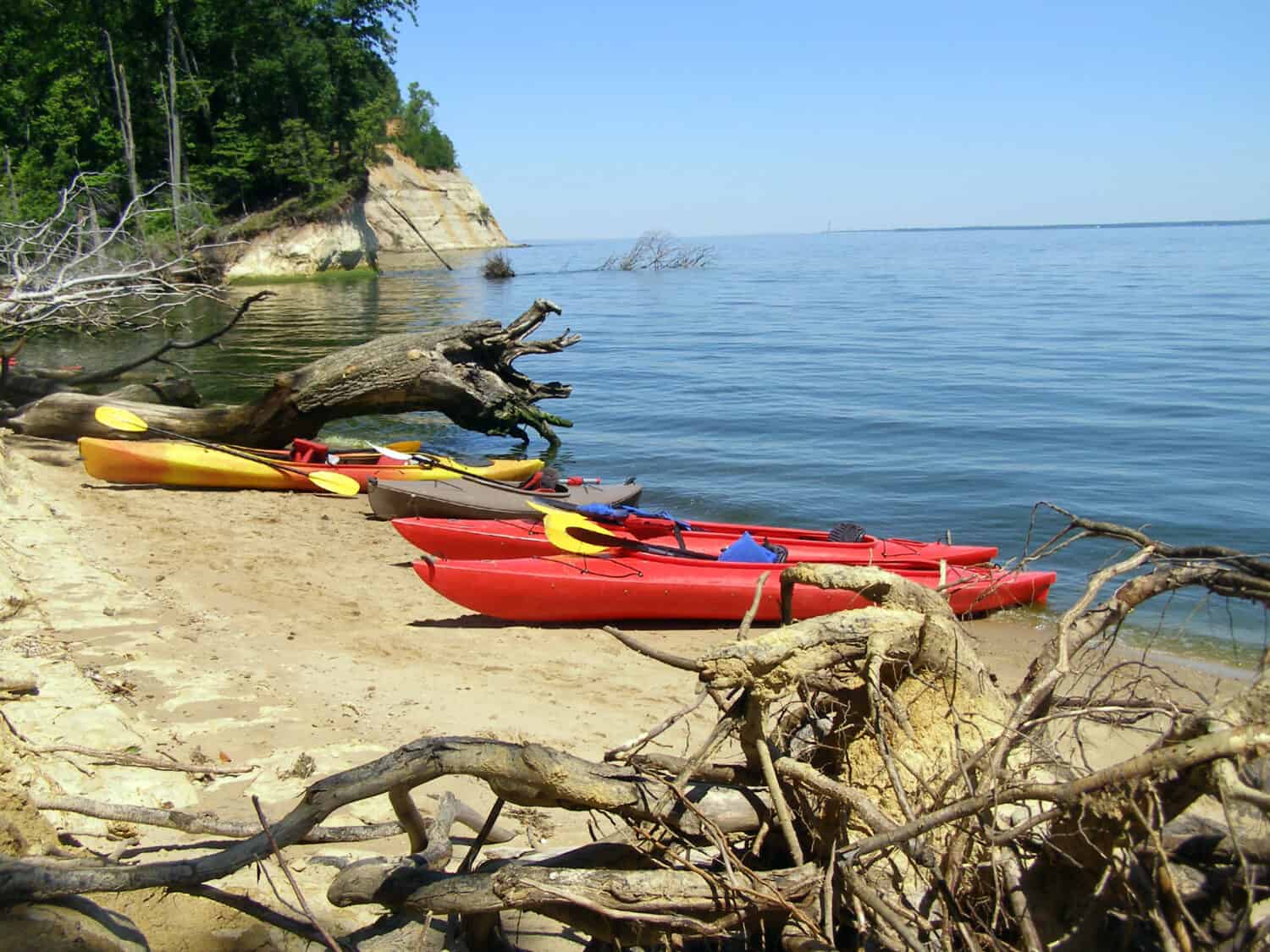 Kayaks beached on Fossil Island, Westmoreland State Park, Virginia.