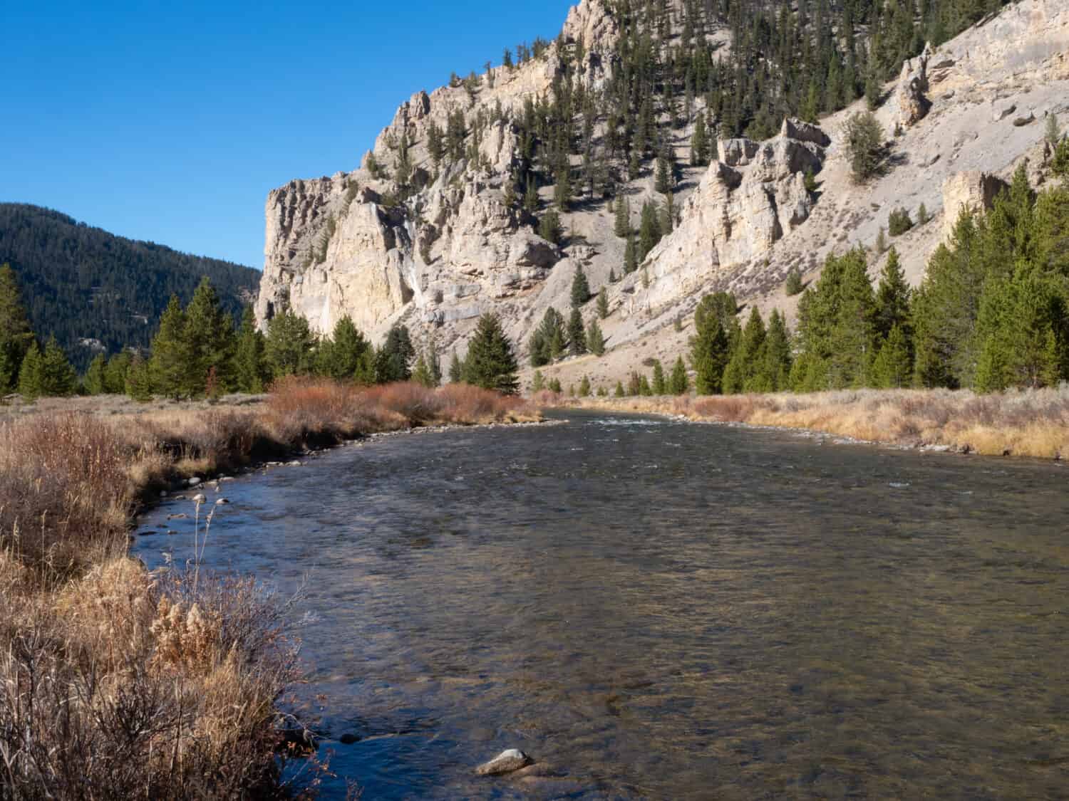 The Gallatin River flowing in Yellowstone National Park past stone cliffs and autumn vegetation.