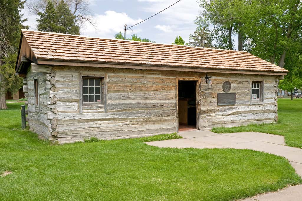 Original Pony Express Station in 1860-61 in Gothenburg, Nebraska, erected in 1854 on the Oregon Trail as a fur trading post and ranch house. Moved to current location in 1931.