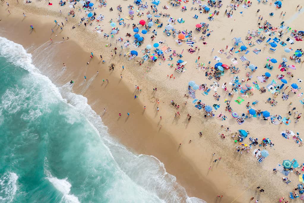 Aerial view of beach goers in Asbury Park, New Jersey on Memorial Day Weekend 2019