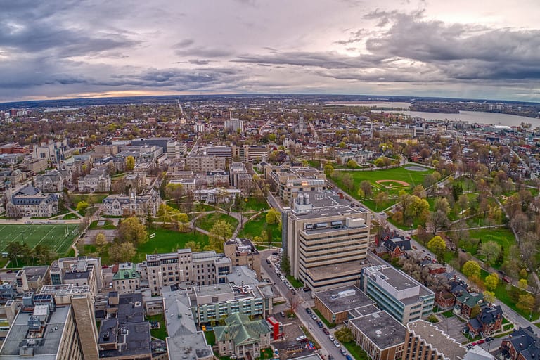 Kingston is a Canadian Town on the Shore of Lake Ontario with a large University and Hospital
