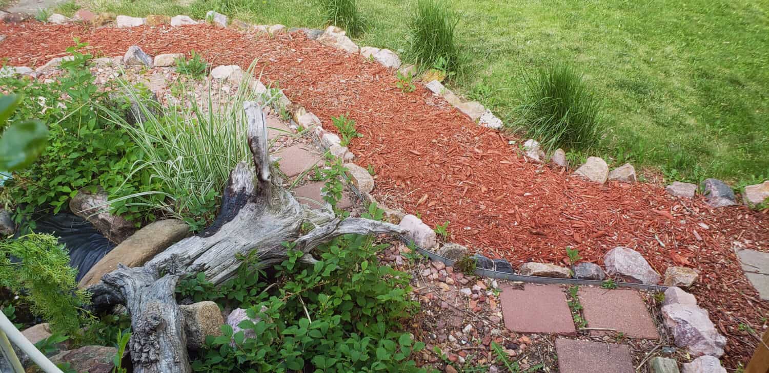 A Mulch Path Lined With Rocks Next To A Pond In A Backyard