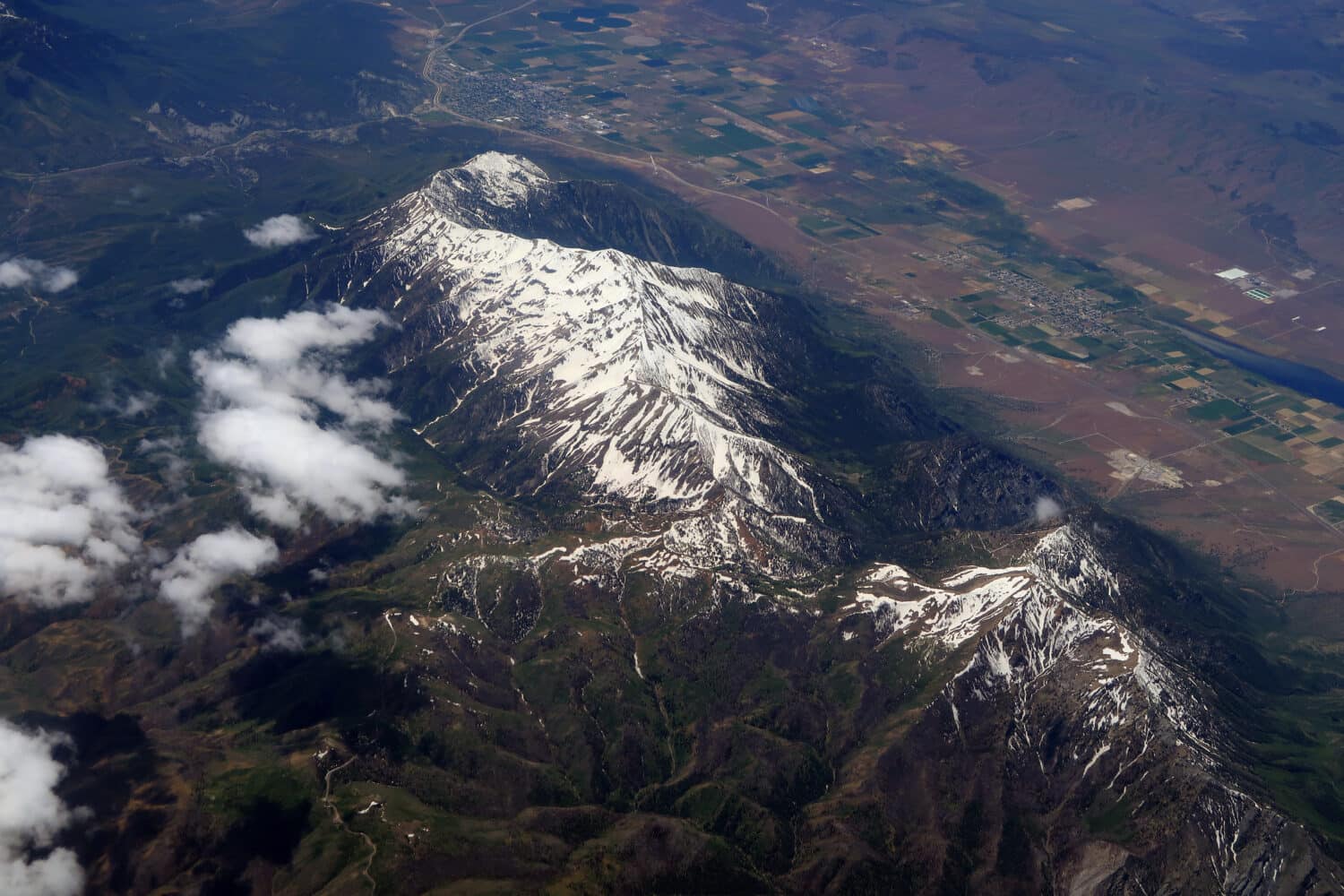 Aerial view of Mount Nebo, Utah with the towns of Nephi and Mona in the background.