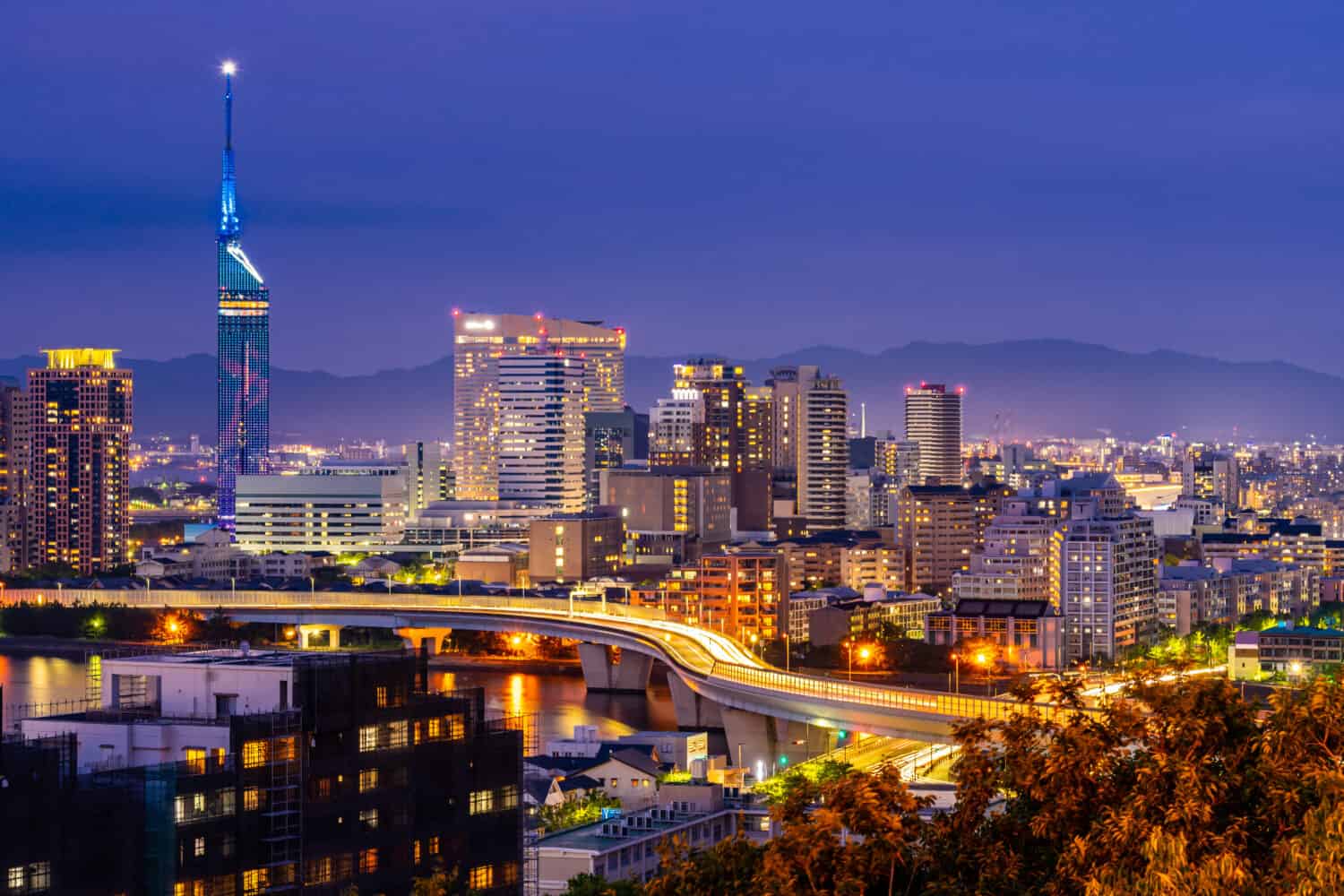 Fukuoka tower sunset twilight with downtown cityscape in Fukuoka city Kyushu South of Japan 