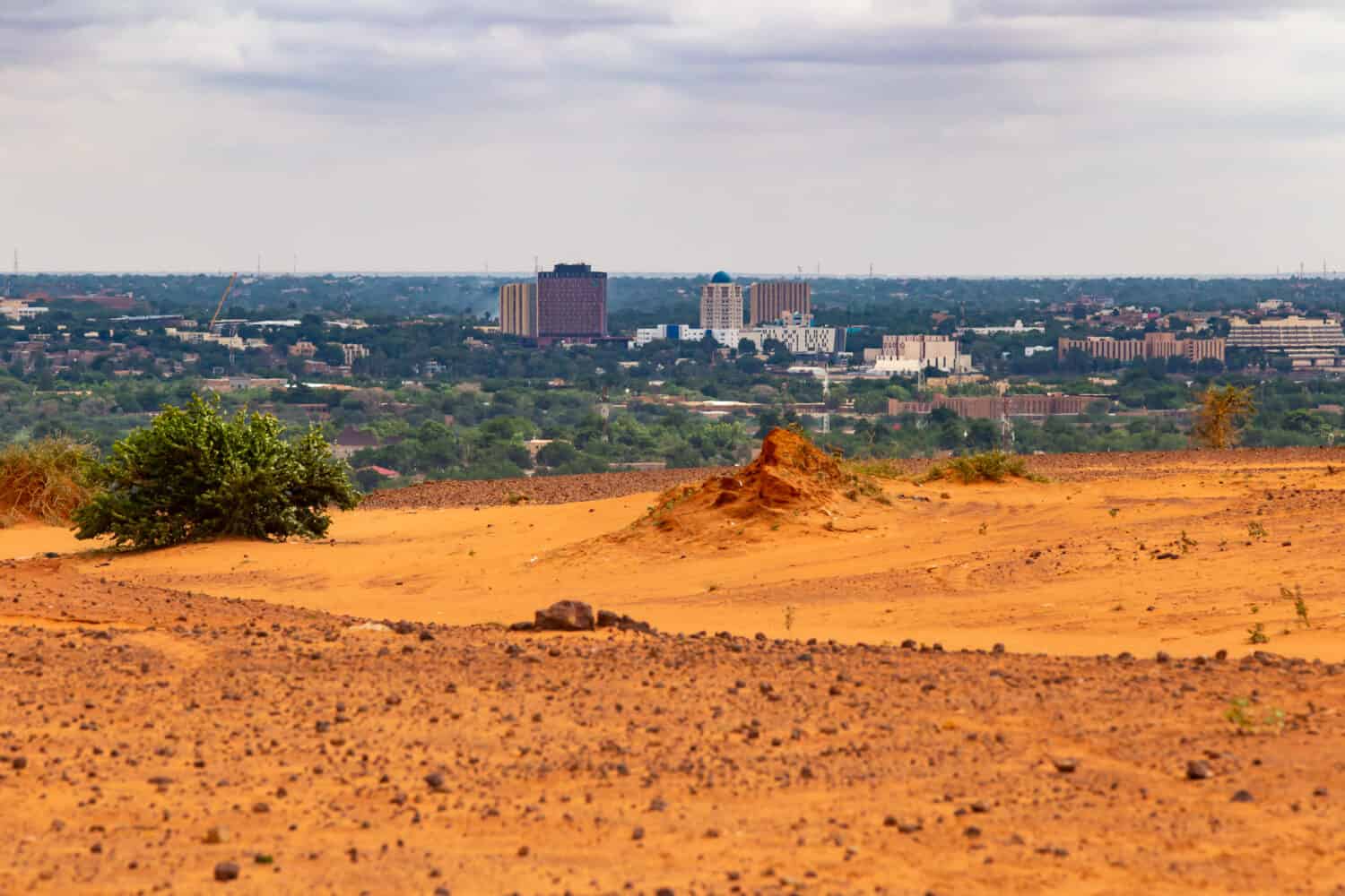 Skyline of Niamey capital of Niger seen from a higher sahelian dry plateau with a green bush and a termitary in foreground partially destroyed by the rains in the summer humid season