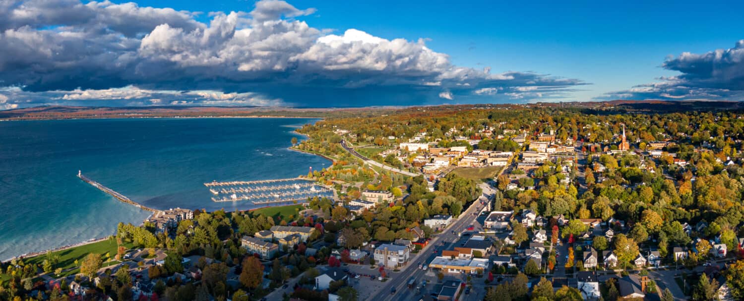 Aerial view of Petoskey, Northern Michigan, autumn evening light.