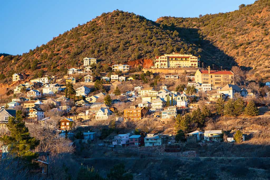 Jerome town, nestled on a hillside in the winter's morning sun in Arizona, USA