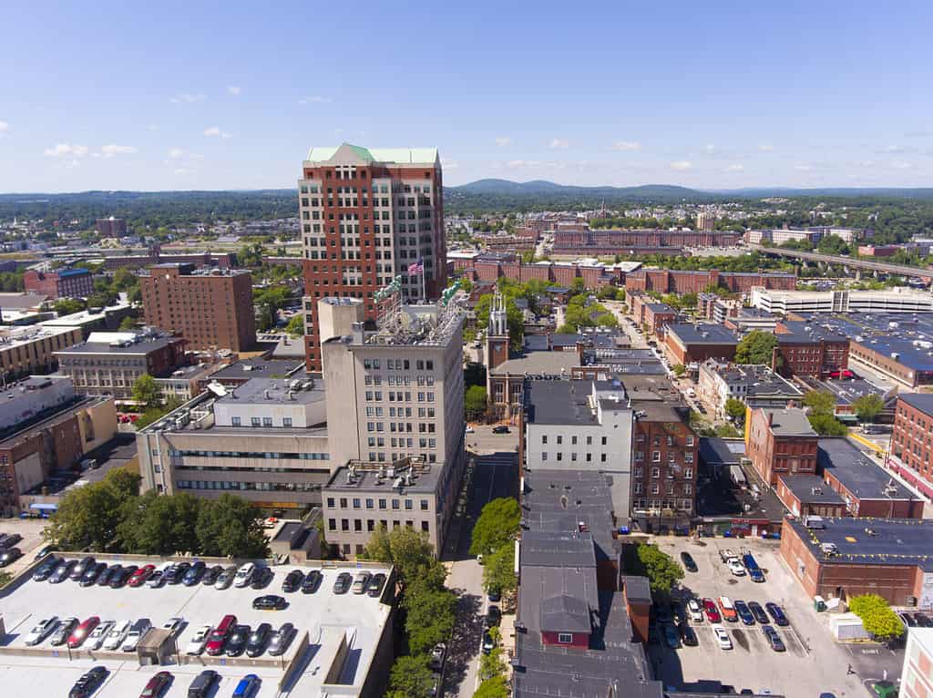 Manchester City Hall Plaza in downtown and Elm Street aerial view, Manchester, New Hampshire, NH, USA.