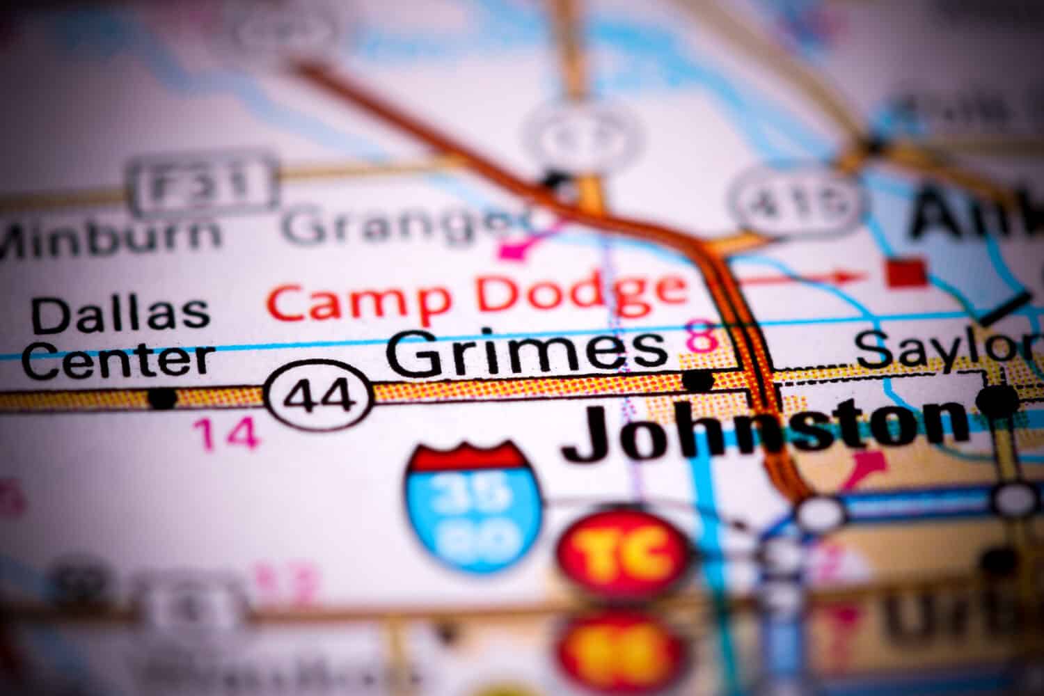 Grimes. Iowa. USA on a map