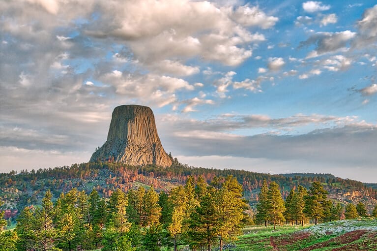 Devil's Tower National Monument in Wyoming Under the Early Morning Cloudy Sky with the forest in the foreground