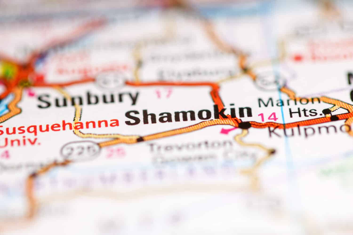 Shamokin. Pennsylvania. USA on a geography map
