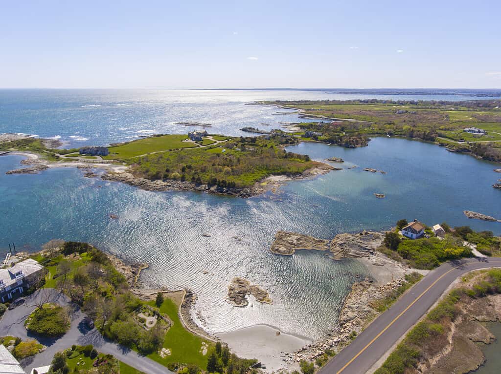 Aerial view of historic mansions at Ocean Drive Historic District near Goose Neck in city of Newport, Rhode Island RI, USA.