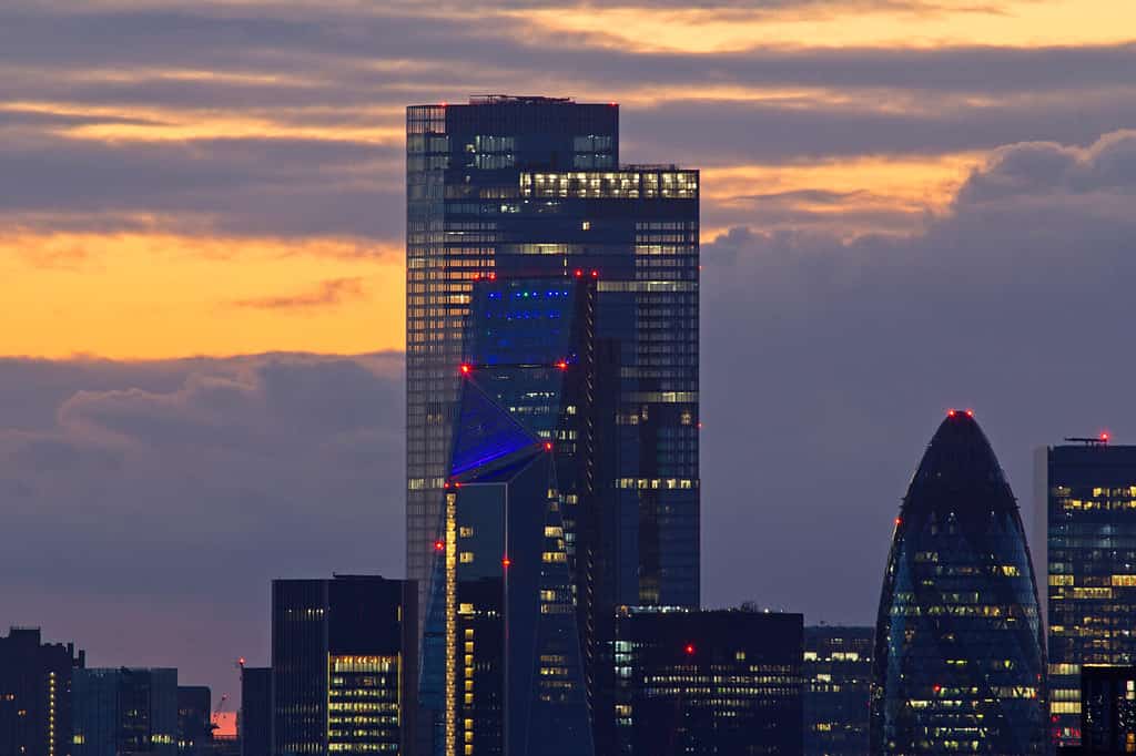 London City Skyline at sunset - 22 Bishopsgate, Cheesegrater, Scalpel and The Gherkin