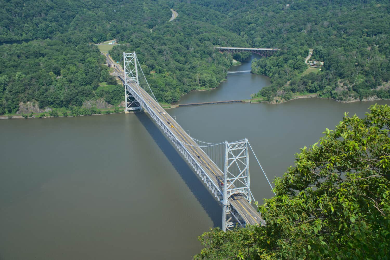 High angle view of Bear Mountain suspension bridge and the Hudson River from Anthony's Nose, Hudson Highlands, coutryside New York