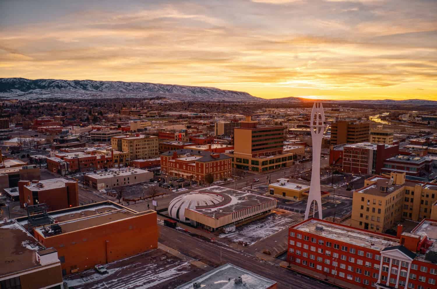 Aerial View of Downtown Casper, Wyoming at Dusk on Christmas Day