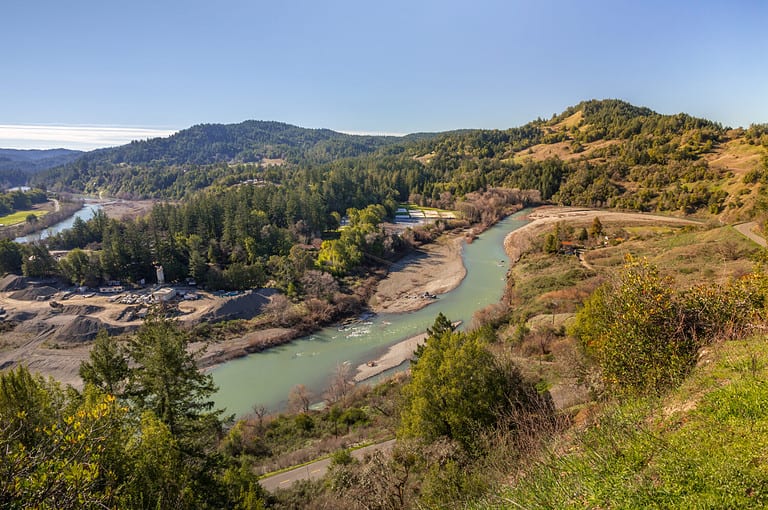 Eel river valley in California, viewed from above panorama
