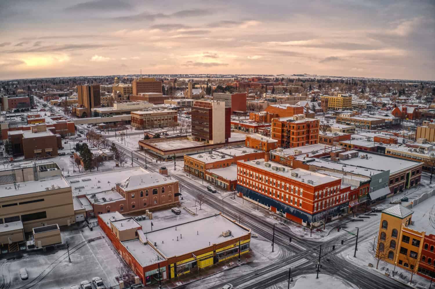 Aerial View of Cheyenne, Wyoming at Dusk during Winter