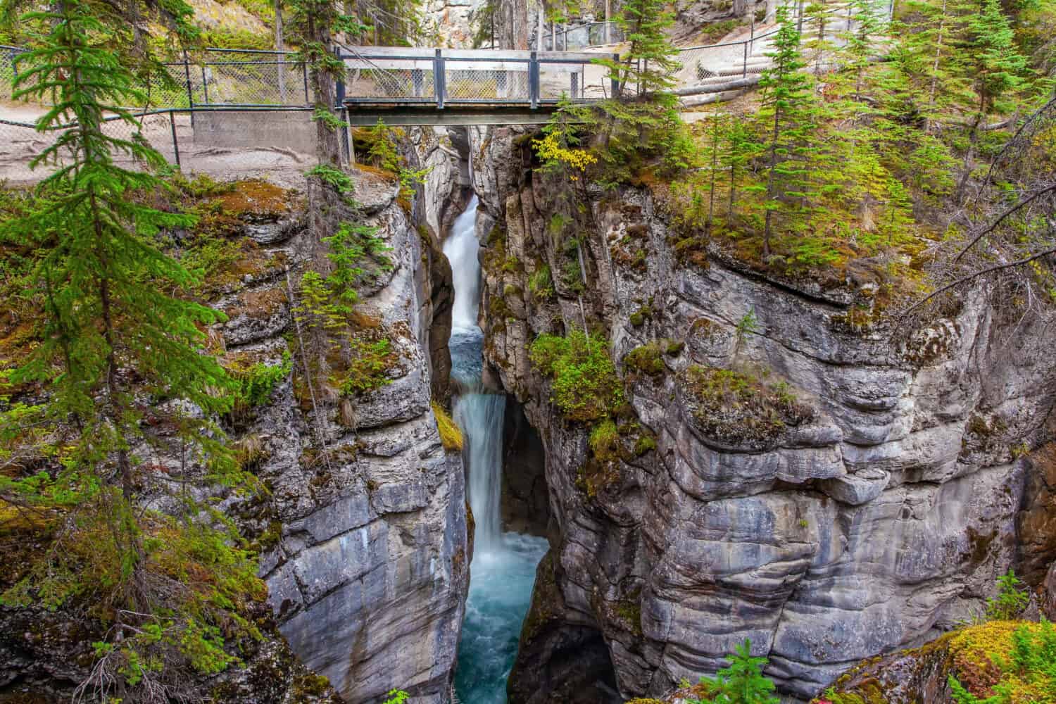 Tourist bridge over a magnificent cascading waterfall in a picturesque gorge Maligne Canyon. Cool cloudy day. Canada. Travel to the Rocky Mountains