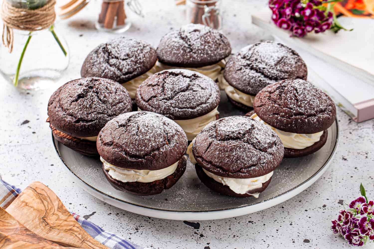 Fresh baked american chocolate whoopie pies with cream filling