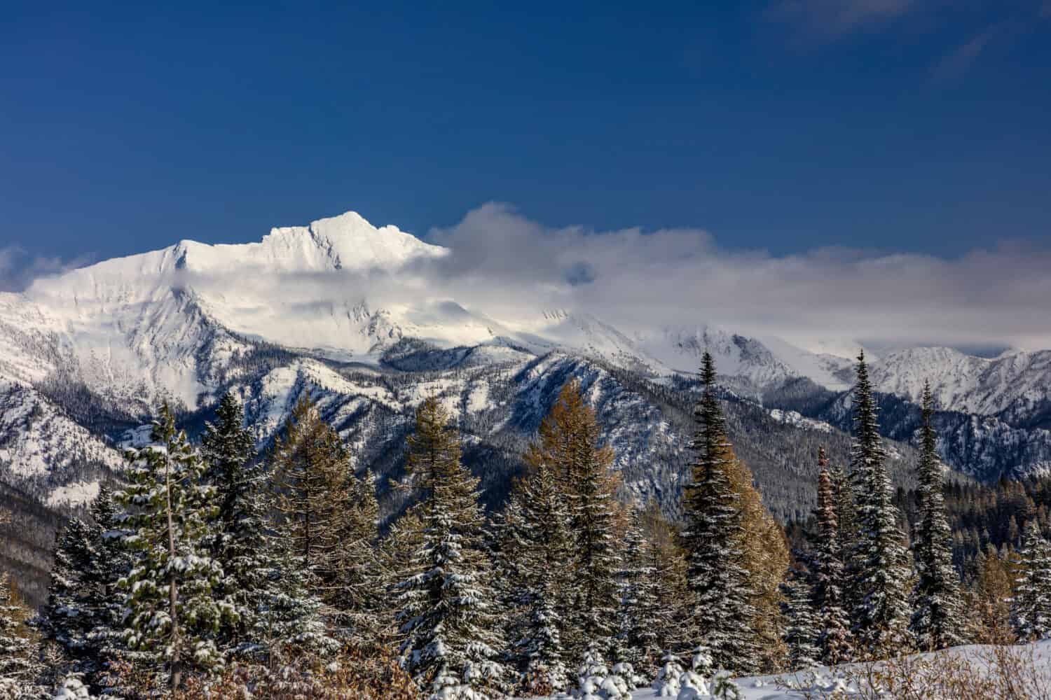 Great Northern Mountain with fall snowfall in the Flathead National Forest, Montana, USA