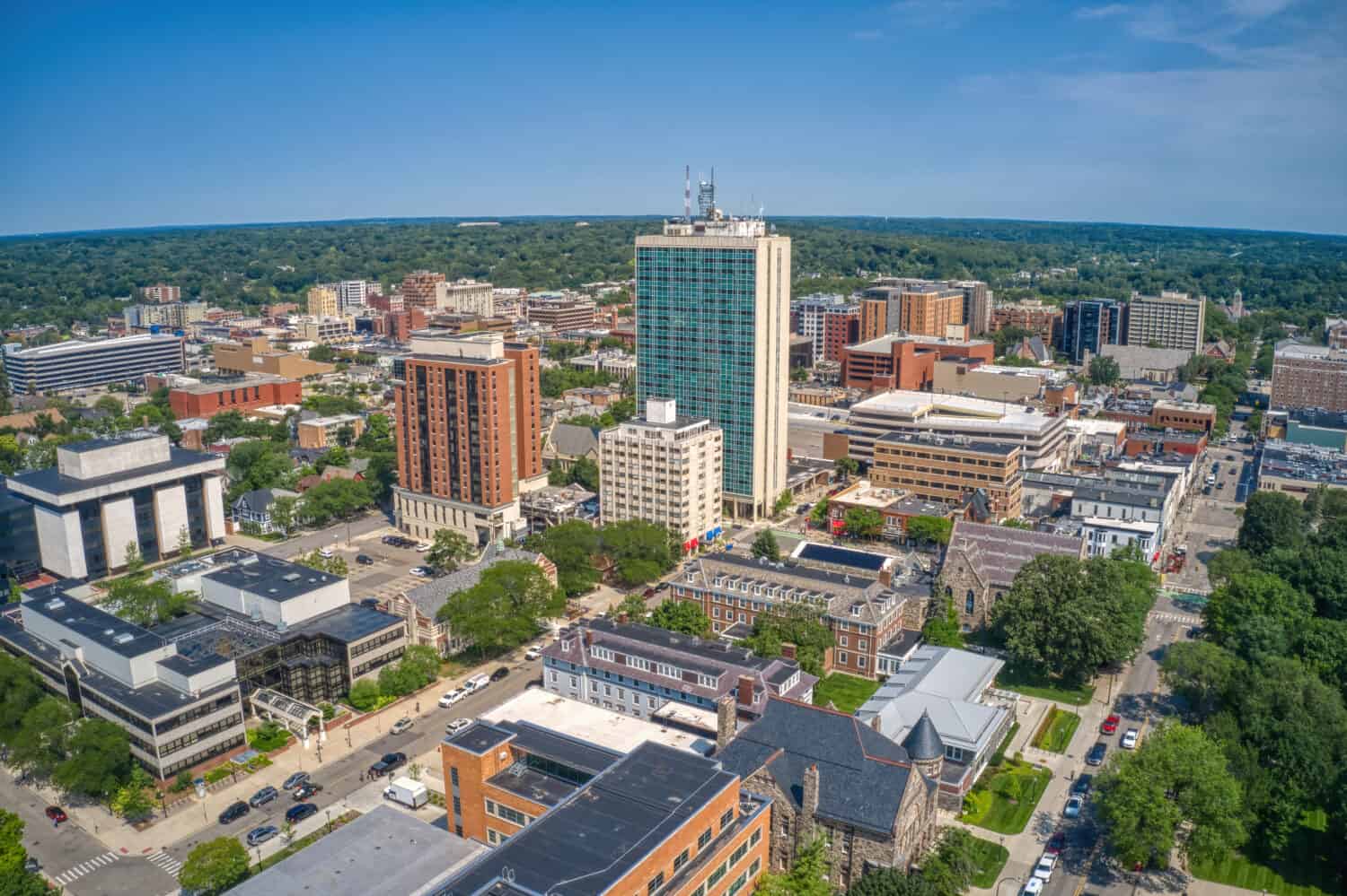 Aerial View of Downtown Ann Arbor, Michigan in Summer. Richest Counties in Michigan. 