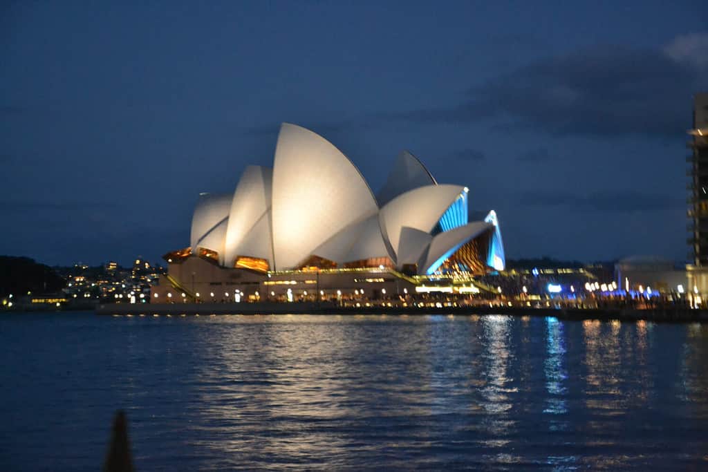 Sydney Opera House lighten at night. It is multi venue performing arts centre at Sydney Harbour and UNESCO World Heritage Site. Sydney, New South Wales, Australia.