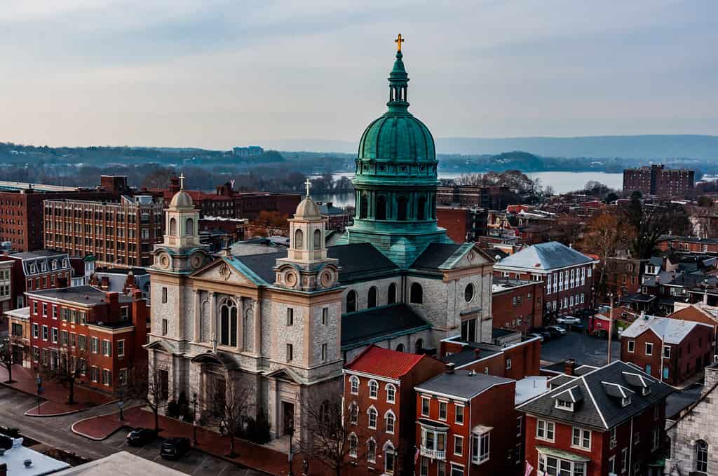 Photo of The Cathedral of Saint Patrick in Harrisburg, Pennsylvania USA. Photo shot from the roof of a nearby parking garage.