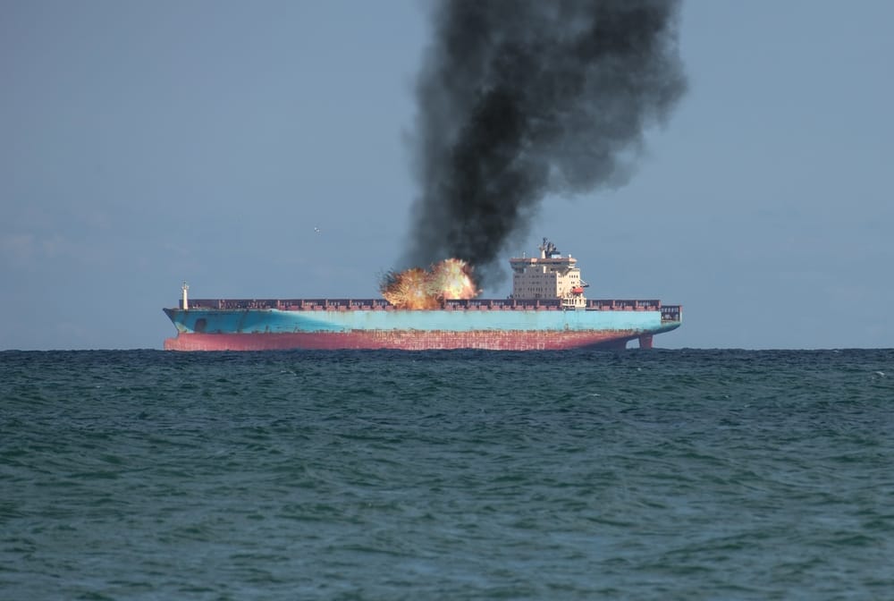 Fire on board an oil tanker at sea. Fire and black smoke aboard the ship floating on the sea.