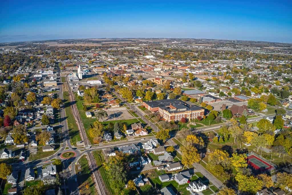 Aerial View of Downtown Norfolk, Nebraska in Autumn