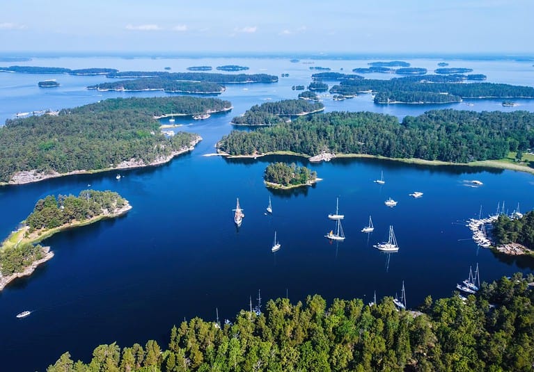 Spectacular drone view of the Swedish archipelago landscape, yachts and islands, Stockholm, Sweden