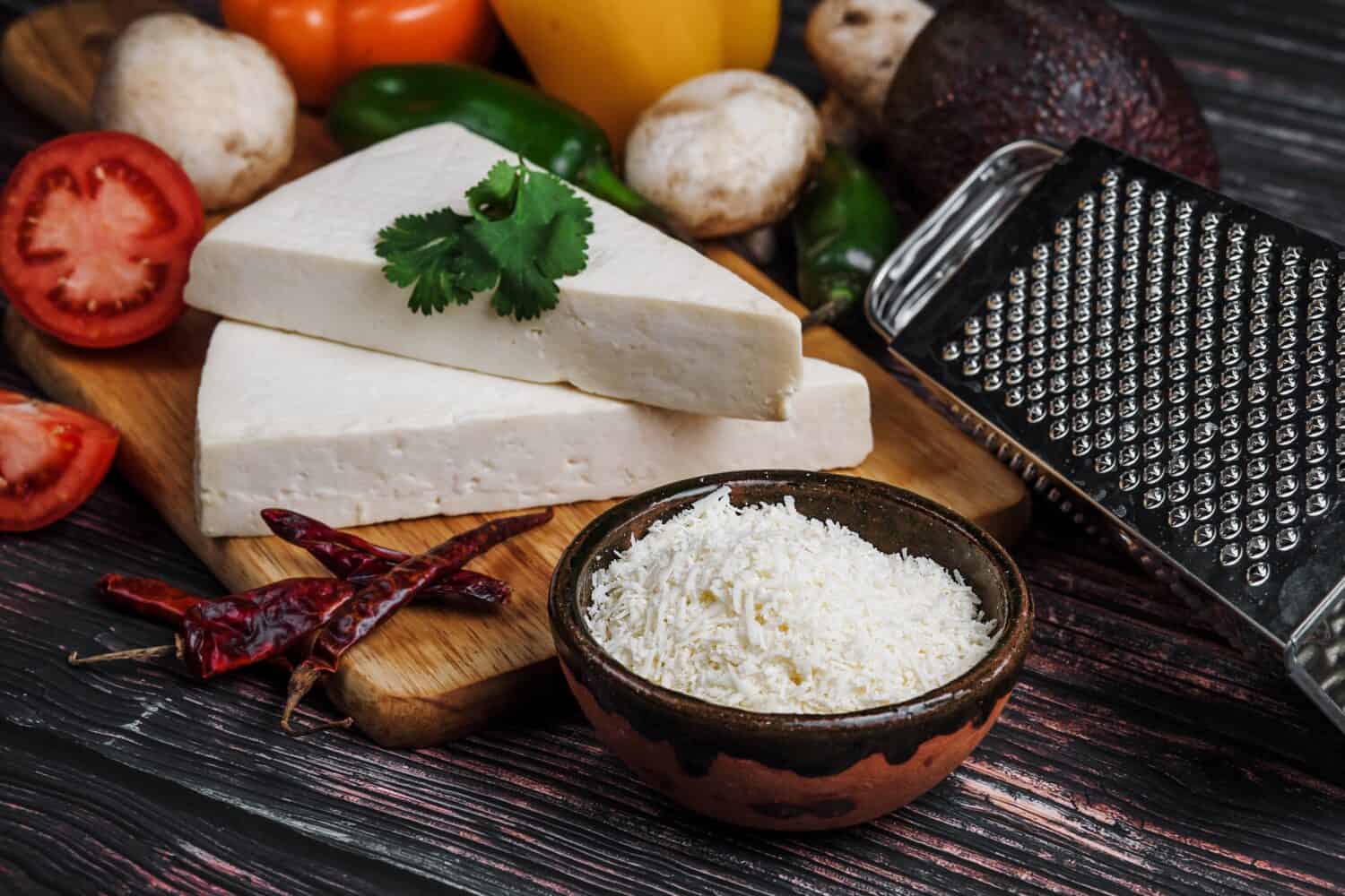 Mexican white Cotija cheese with fresh ingredients in Mexico Latin America